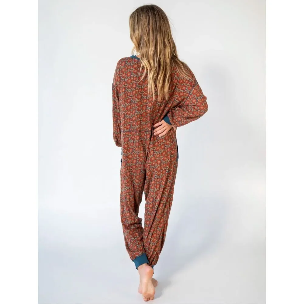 Natural Life Jumpsuit Johnnie Cotton Boho Oversized Ditsy Floral Blue Red Vines